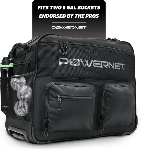 Miniatura 7 de PowerNet Bolsa de cubo con ruedas, capacidad para 2 cubos de pelotas de béisbol y sóftbol de 6 galones, bolsillos de almacenamiento para bate