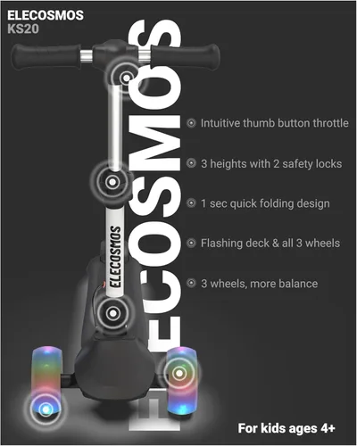 Miniatura 3 de ELECOSMOS Patinete Eléctrico Seguro para Niños de 4+, Equilibrio para Principiantes, Acelerador de Pulgar, Cubierta con Luces Intermitentes, Ruedas