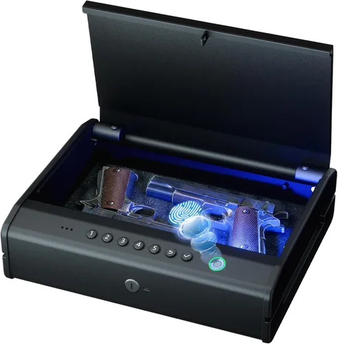 Miniatura 2 de PINEWORLD Caja fuerte biométrica para pistola, caja fuerte para pistola con huella dactilar/teclado retroiluminado/llaves, caja fuerte de acceso