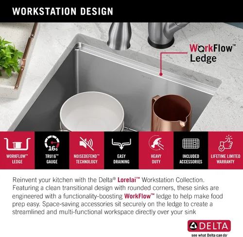 Miniatura 6 de DELTA FAUCET Lorelai - Lavaplatos de estación de trabajo de barra de 17 pulgadas para cocina, montaje bajo encimera, acero inoxidable calibre 16