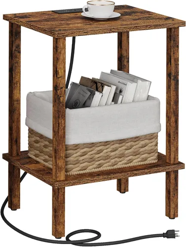 Miniatura 27 de TUTOTAK Mesa auxiliar con estación de carga, pequeña mesa auxiliar con tomas de corriente, mesita de noche, mesa de cabecera, estante de Gris beige