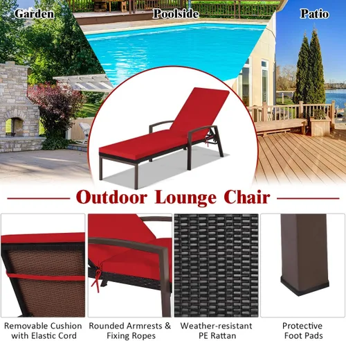 Miniatura 2 de RELAX4LIFE Tumbona para exteriores, silla de piscina de ratán ajustable de 5 posiciones con cojín, silla reclinable, marco de metal, tumbona de Rojo