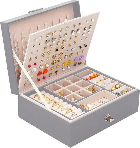 QBestry Organizador de aretes de tuerca para mujeres y niñas caja de joyería gris para aretes collar organizador de joyas caja de aretes para mujer