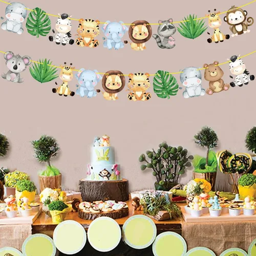 Miniatura 8 de Pancartas de safari en la selva, 2 unidades, animales de safari, fiestas de cumpleaños, decoraciones de guirnalda de fiesta temática para Wild One
