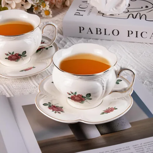 Miniatura 2 de KAMMAK - Juego de 2 tazas de té y platillos, tazas de café de porcelana, tazas de espresso apilables de 6.8 onzas, demitasses de cerámica para café