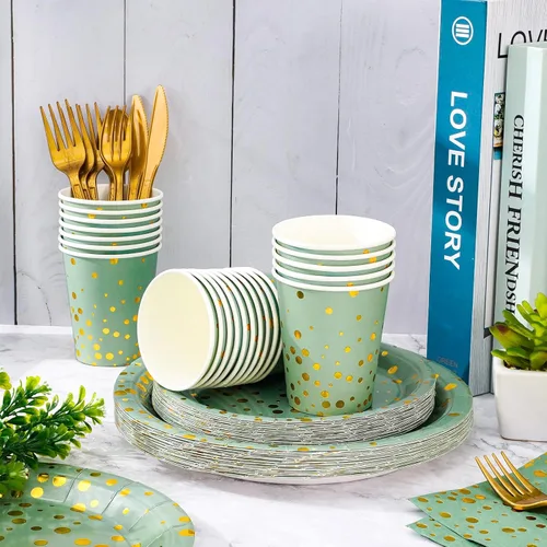 Miniatura 3 de Whaline 175 piezas de suministros de fiesta verde salvia con puntos dorados, platos de papel, servilletas y vasos, juego de vajilla desechable