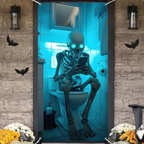 Miniatura 7 de BlissYard Cubierta de puerta de Halloween de 71 x 35 pulgadas, divertido esqueleto en la puerta del inodoro, decoración de ojos brillantes, escena