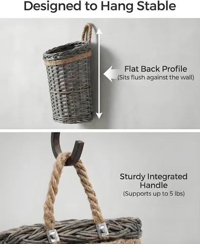 Miniatura 4 de AceList Paquete de 2 cestas tejidas de mimbre para colgar en la pared, decoración de bolsillo de pared de sauce gris para flores sintéticas