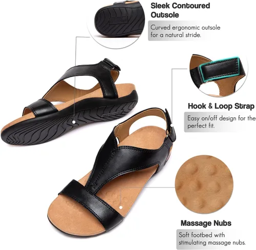 Miniatura 6 de Sandalias ortopédicas para mujer con puntera abierta, correa en T, sandalias planas ortopédicas con soporte para el arco y correas ajustables