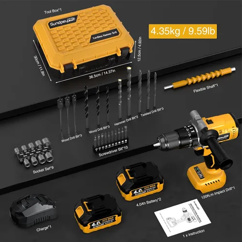 Miniatura 7 de Taladro de Martillo Inalámbrico de 21V - Juego de Taladro sin Escobillas de 1060In·lbs con 2 x Batería 4.0Ah - Taladros de Batería de Par 20+3