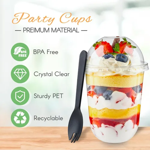 Miniatura 3 de Zezzxu Paquete de 50 Vasos de Postre de Plástico de 16 oz con Tapas de Cúpula (Sin Agujero) y Sporks, Vasos de Frutas Desechables Transparentes