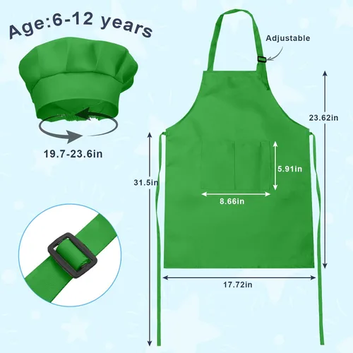 Miniatura 2 de Juego de delantal y sombrero de chef para niños, 24 piezas con 2 bolsillos ajustables para cocinar, aula, hornear, pintura, 6 a 13 años