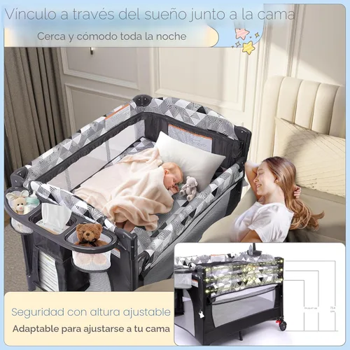 Miniatura 5 de Xilingol Parque de juegos 5 en 1 con cambiador, moisés para bebé junto a la cama con bolsa de almacenamiento y caja de música, cuna portátil
