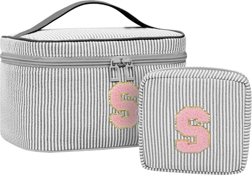 Miniatura 29 de Juego de bolsas de maquillaje con iniciales para niñas y mujeres, bolsa de cosméticos con monograma con soporte para cepillos, estuche de maquillaje