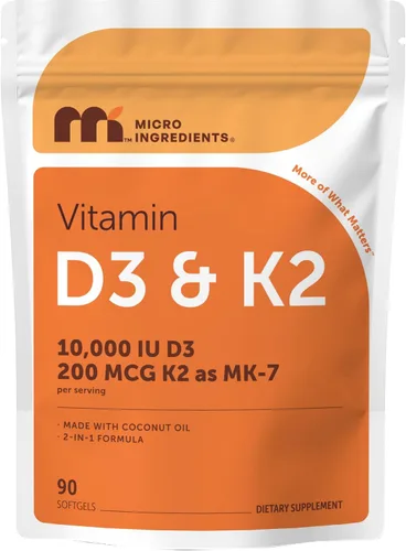 Micro Ingredients Vitamina D3 10,000 UI + K2 MK-7 200 mcg por porción, 90 cápsulas blandas | Suplemento extra fuerte* D3 K2 2 en 1 | Cápsulas