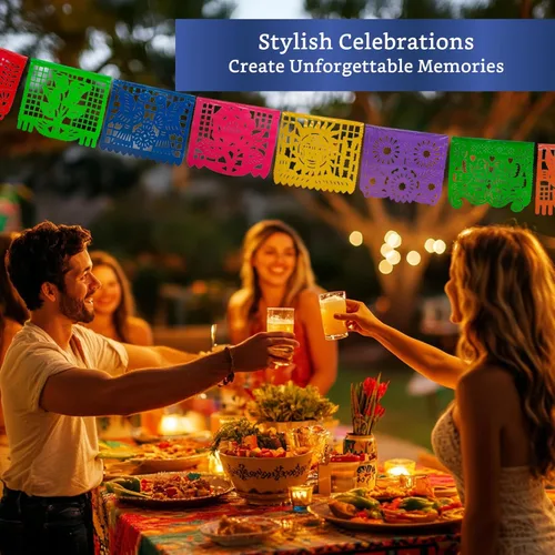 Miniatura 5 de Pancartas de fiesta mexicana (paquete de 5 con 10 banderas de plástico por bandera), papel picado mexicano para fiesta, papel picado de plástico