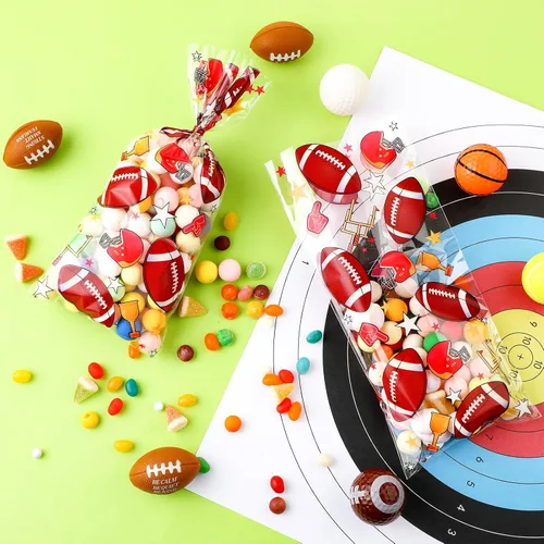 Miniatura 4 de Outus 100 bolsas de golosinas para fiesta de béisbol, dulces, celofán, bolsas deportivas con 150 lazos rojos para recuerdos de fiesta (rugby)