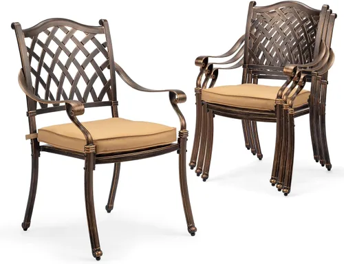 Miniatura 11 de VINGLI Juego de 2 sillas de patio apilables de aluminio fundido para exteriores con acabado negro vintage y patrón floral, sillones de metal