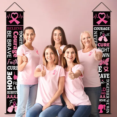 Miniatura 6 de Decoraciones de fiesta de cinta rosa para concientización sobre el cáncer de mama, cartel de porche, esperanza, fuerza, coraje, fe, pancarta