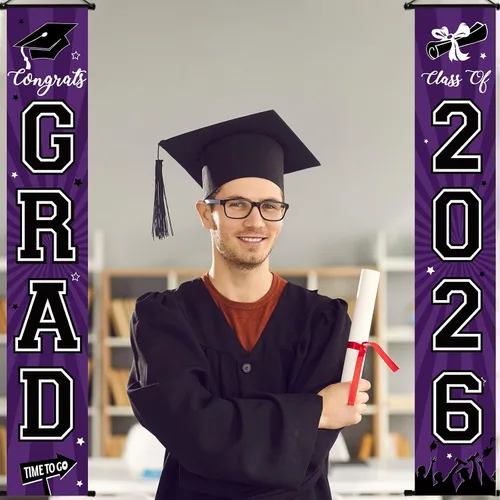 Miniatura 7 de Cartel de graduación 2026, decoraciones de graduación negro y dorado, letrero de porche de clase de 2026, decoración de puerta de felicitaciones