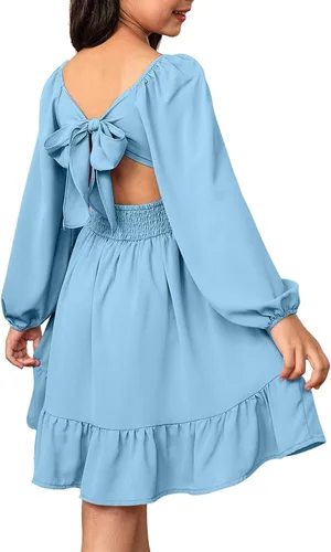 blibean Vestido de manga larga con lazo en la espalda para niñas, vestido de otoño con hombros descubiertos, talla 6-15 años