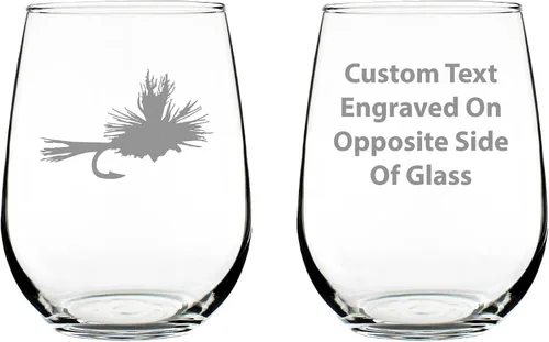 Custom Fly Fishing Personalized Stemless Wine Glass - Unique Flyfishing Themed Gifts for Fishermen - Large 17 Oz Glasses - Customized Wine Glass Gift