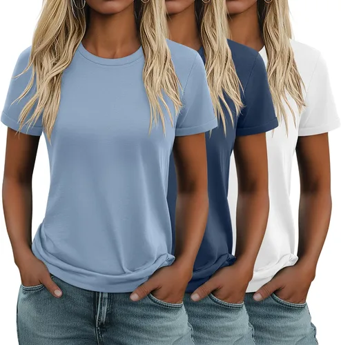 Miniatura 39 de Huukeay Paquete de 3 camisetas de algodón para mujer, estilo casual, de manga corta, cuello redondo, ajuste holgado, básica, lisa