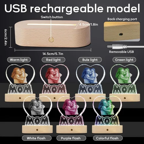 Miniatura 5 de Foto de cristal 3D personalizada, marco de fotos en forma de corazón con luz nocturna de cristal 3D, el mejor regalo para parejas, amor, mujeres