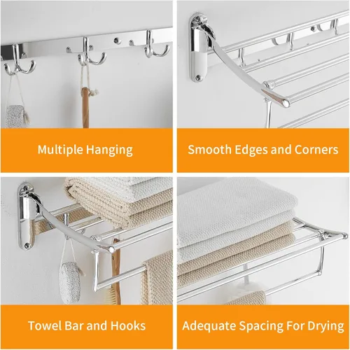 Miniatura 7 de BESy Barras de Toallas de 24 Pulgadas de Cromo Pulido, Estante de Toallas de Baño con Barra de Toallas Plegable y Ganchos para Toallas, Accesorios