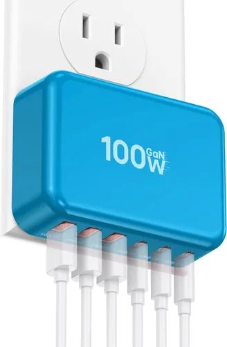 Miniatura 13 de Bloque de Carga Rápida, Cubo de Estación de Carga GaN de 6 Puertos USB C, Cargador de Pared de 100W de Tipo C de Múltiples Puertos con Enchufe