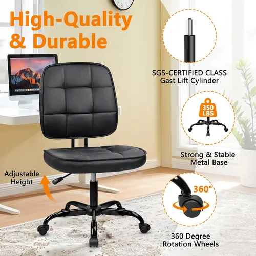 Miniatura 5 de CLATINA Silla de oficina en casa, sin brazos, con ruedas, ergonómica, de cuero, con respaldo bajo, altura ajustable, giratoria de 360°, silla