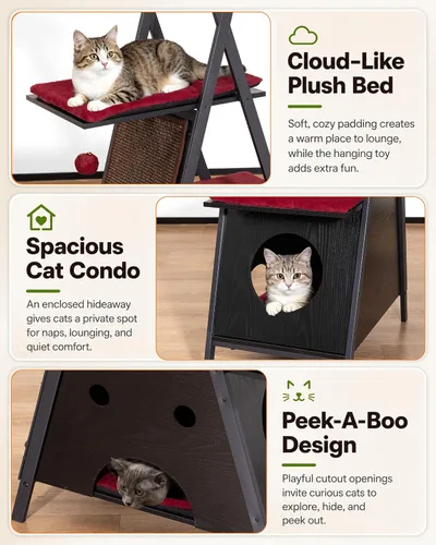 Miniatura 5 de Moderno árbol de madera para gatos de interior grande y adulto, 67 pulgadas de alto, varios niveles, resistente, condominio, muebles con cuevas