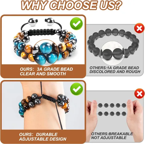 Miniatura 18 de MIDON - Pulsera de ojo de tigre, pulsera de triple protección para hombres y mujeres, hecha a mano, cuentas de ojo de tigre, hematita y obsidiana