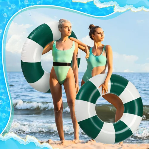 Miniatura 7 de Foilswirl Flotadores inflables jumbo de 47.24 pulgadas para piscina, anillos de piscina a rayas azules y blancas, tubo inflable para mujeres Verde