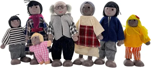 Miniatura 3 de HYSTYLE Paquete de 7 Figuras de Madera para Casa de Muñecas Familia Muñecos Familiares Figuras de Juego de Simulación, Juego de Rol Familiar Juego