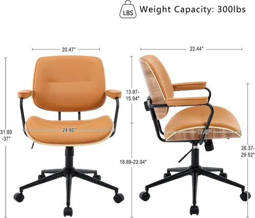 Miniatura 2 de BV Mid Century Modern - Juego de 1 silla de oficina giratoria con reposabrazos y respaldo de nogal, silla de escritorio ajustable para oficina