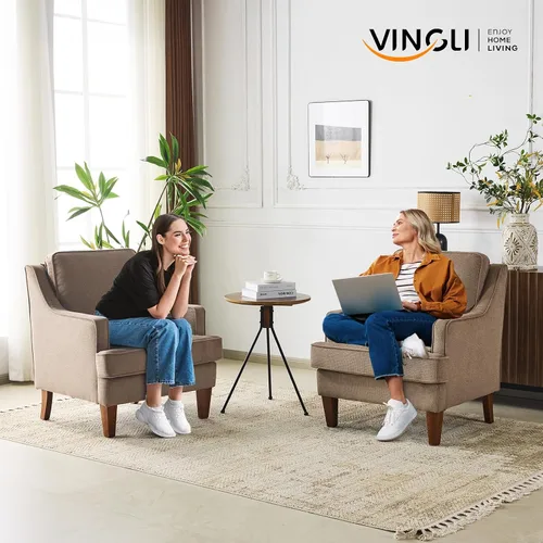 Miniatura 9 de VINGLI Juego de 2 sillas decorativas modernas de mediados de siglo, sillón tapizado marrón claro, cómodos sillones de lectura, respaldo alto