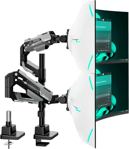 Miniatura 10 de ARES WING Heavy Duty Gas Spring Dual Monitor Mount, Adjustable Stacked Desk Mount for 2 Ultrawide Screens up to 57 Inch with USB A/C Charging Ports
