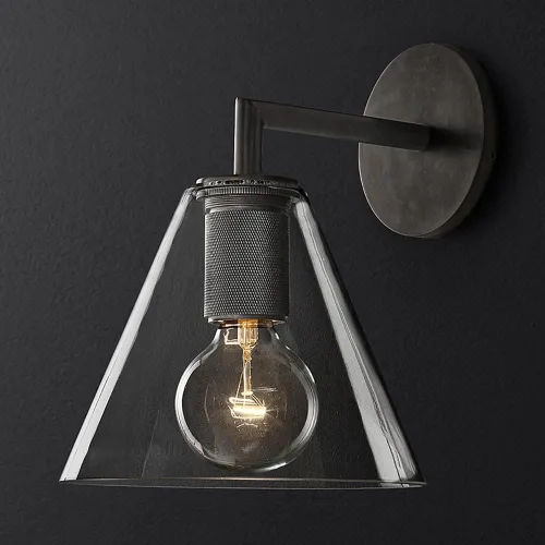 Lámpara de pared industrial vintage para tocador con embudo de vidrio transparente, lámpara retro de metal montado en la pared E27, accesorios de