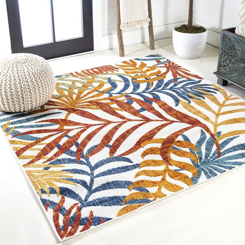 Miniatura 9 de JONATHAN Y Tropics Palm Leaves Indoor Outdoor Runner Rug 2X8 Cream/Dark Blue, Boho for Backyard, Patio, Porch, Easy-Cleaning, High Traffic