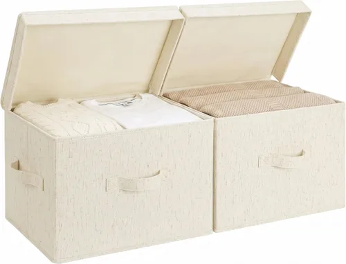 Miniatura 22 de StorageWorks Contenedores de almacenamiento de tela con tapa, cajas de almacenamiento decorativas para estantes, cesta organizadora de armario Beige