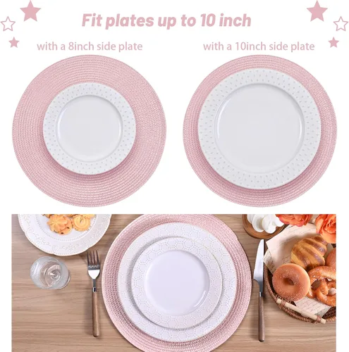 Miniatura 12 de Feuille Juego de 4 manteles individuales redondos trenzados para mesa de comedor, tejidos, lavables, antideslizantes, 13.5 pulgadas