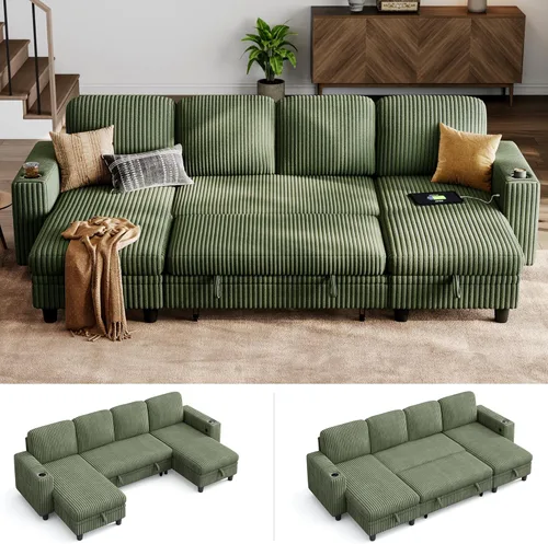 Miniatura 11 de LINSY HOME Sofá cama modular extraíble para sala de estar (beige, sofá cama 1) Sofá cama extraíble, almacenamiento, carga USB, portavasos, pana