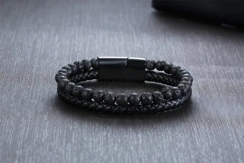Miniatura 3 de MEALGUET Pulsera de roca de lava para hombre, pulsera de cuero trenzado con cierre magnético, 2 capas, 8.3in