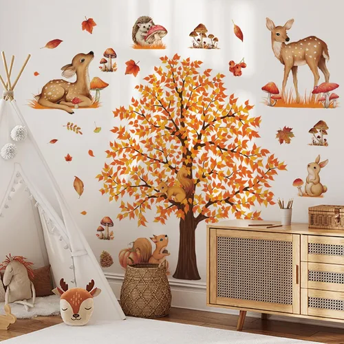 Miniatura 4 de 4 hojas de calcomanías de pared de árbol grande de otoño, árbol de arce, bosque de otoño, calcomanías de pared de bricolaje para despegar y pegar