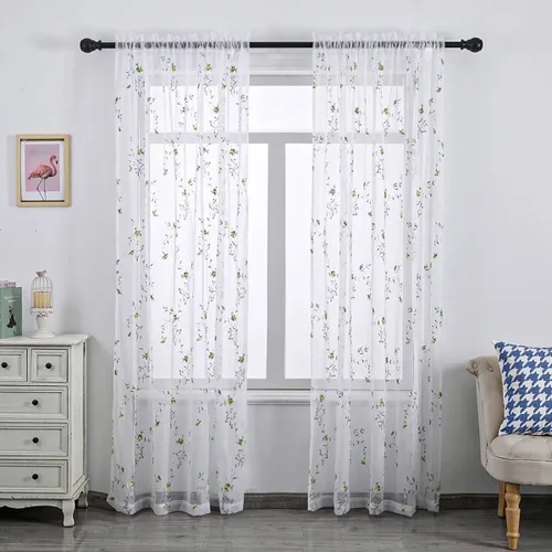 Miniatura 12 de Taisier Home Cortinas Traslúcidas Blancas Florales con Estampado de Flores y Bordado de Enredaderas para Dormitorio, Cortina con Bolsillo
