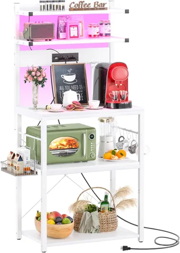 Miniatura 8 de Aheaplus - Estantería de cocina con toma de corriente, soporte para microondas, estación de café de 5 niveles con luces LED, estante