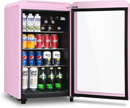 HAILANG Refrigerador Enfriador de Bebidas Retro, Mini Refrigerador de 3.2 Pies Cúbicos con Puerta de Vidrio para Soda, Cerveza, Vino, Enfriador de