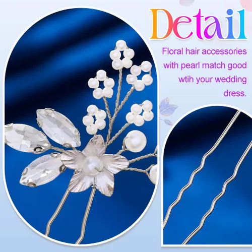 Miniatura 4 de Heread Flower Bride - Horquillas para el cabello de boda con perlas plateadas, accesorios para el cabello de novia, piezas de cristal para mujeres