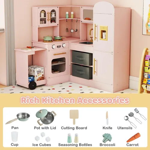Miniatura 7 de Costzon Cocina de Juego de Esquina, Pequeño Chef Cocina de Juego de Simulación con Luz y Sonido Reales, Carrito Extraíble, Contenedores de Tela